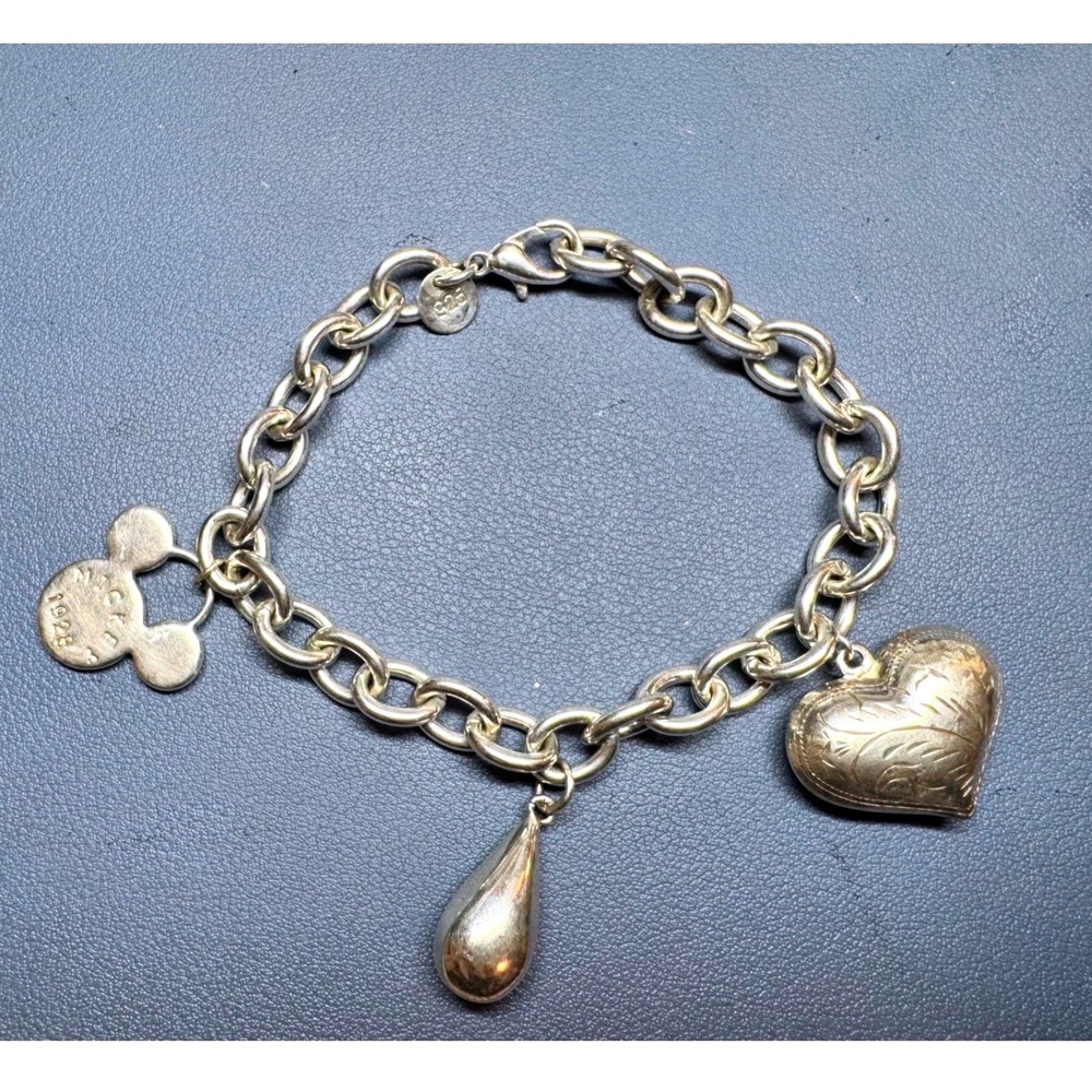 Vintage Disney 925 Sterling Silver Mickey Mouse Puffy Heart Charm Bracelet Y2K